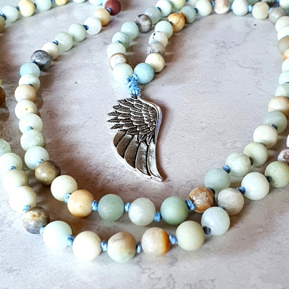 Gaviota Jewelry Genuine Amazonite Stone Wing Pendant Long Necklace